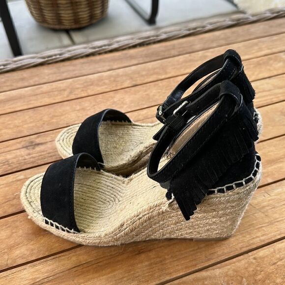 FRYE LILA FEATHER WEDGE (BLACK OILED) Espadrille Wedge Sandals 7 - Picture 6 of 11